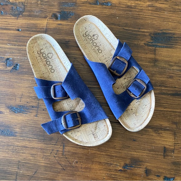 YOKONO Double Buckle Strap Sandal Women's Size 9 Blue Suede Slide Comfort Shoe - Picture 1 of 12